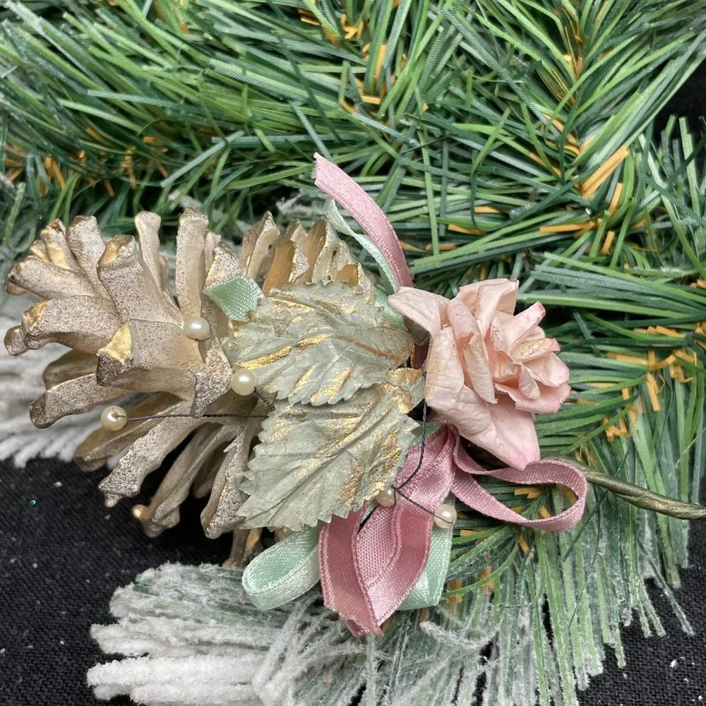 EUC S/6 Gold & White Pine Cones w/Pink Silk Roses, Pink/Green Ribbon, 7 1/2